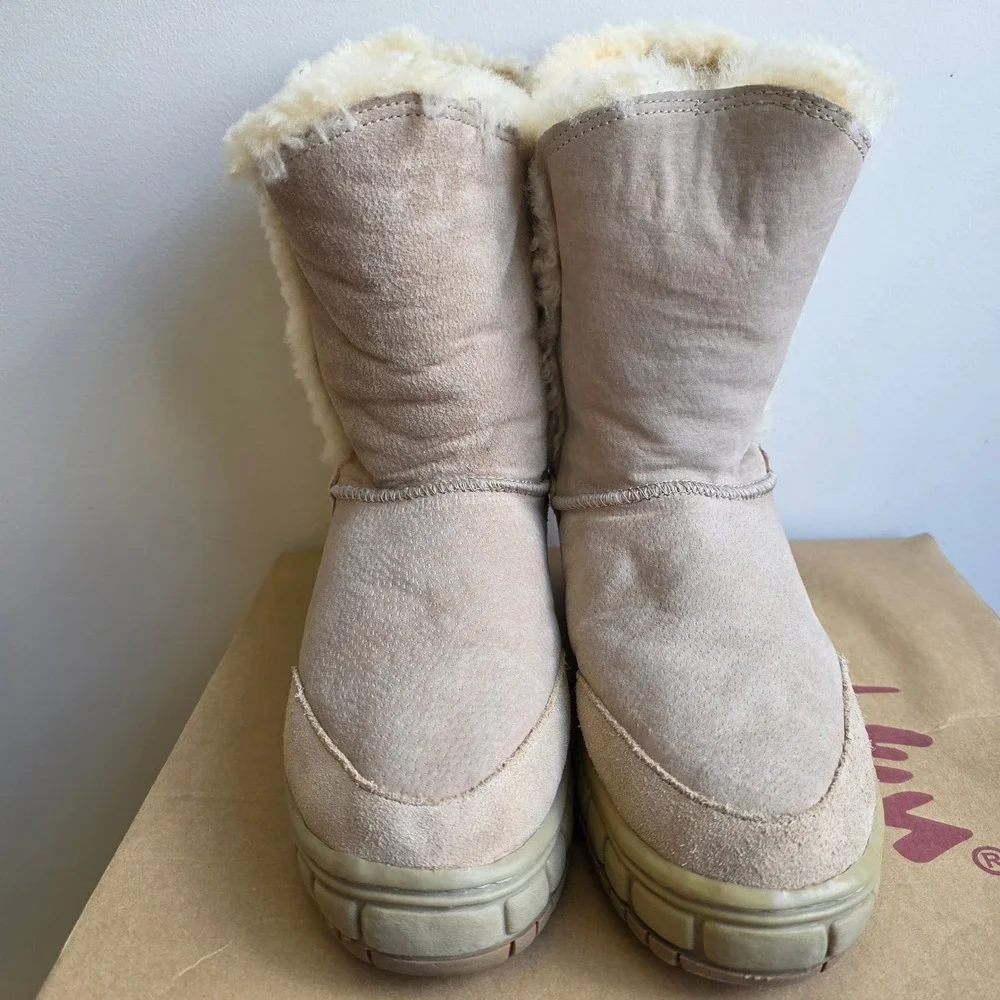 Aussie Dogs Tan‎ Suede Sheepskin Fur Lined Mid Calf Winter Boots Womens